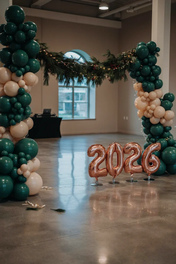 Large metallic gold balloon numbers spelling out the current year, mounted on a stand near the dance floor