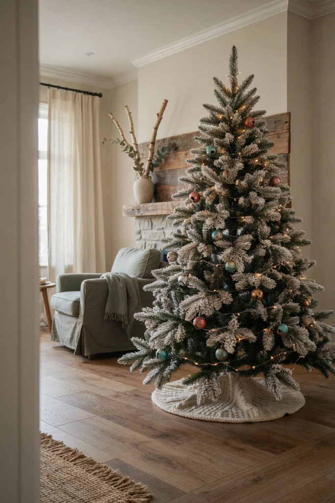 Heavily flocked white Christmas tree strung with copper jingle bells and warm white lights