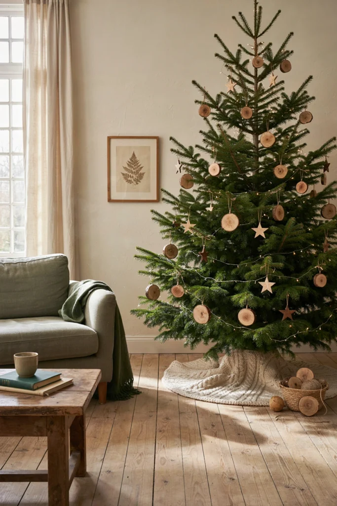Christmas tree decorated entirely with wood slice ornaments and natural twine bows