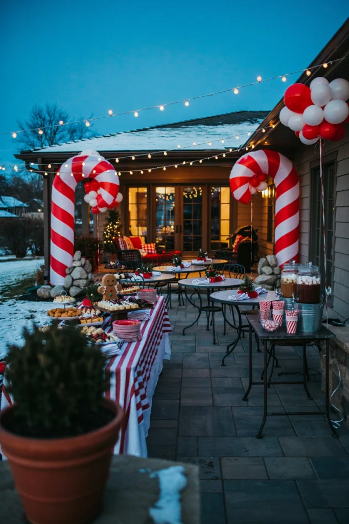 Backyard patio at dusk with oversized inflatable candy canes flanking a firepit at a Friendsmas outdoor party