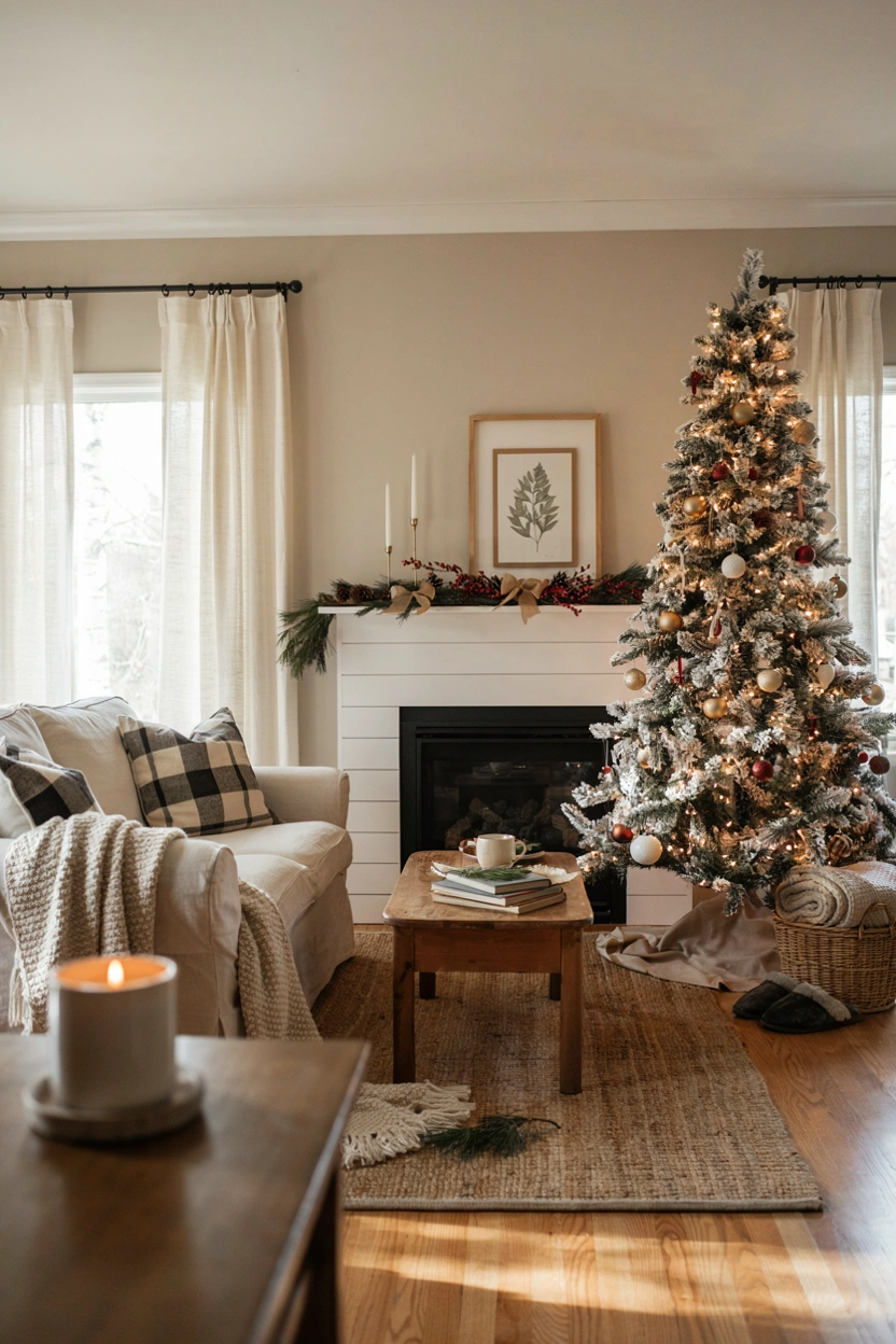 A softly lit farmhouse living room at dusk, layered mantel with greenery and a wooden "Joy" sign, a plaid throw draped over a chair, and a tree glowing in the background. Cozy, warm, inviting mood.