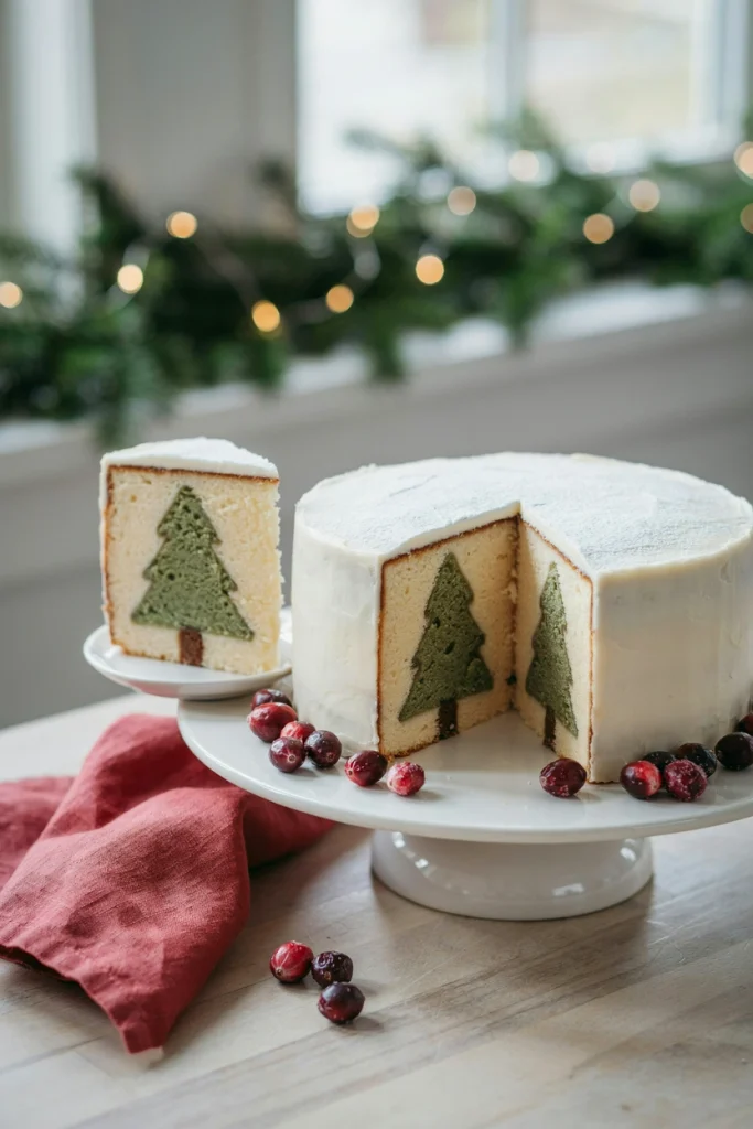 Sliced cake revealing a hidden green and white Christmas tree pattern inside