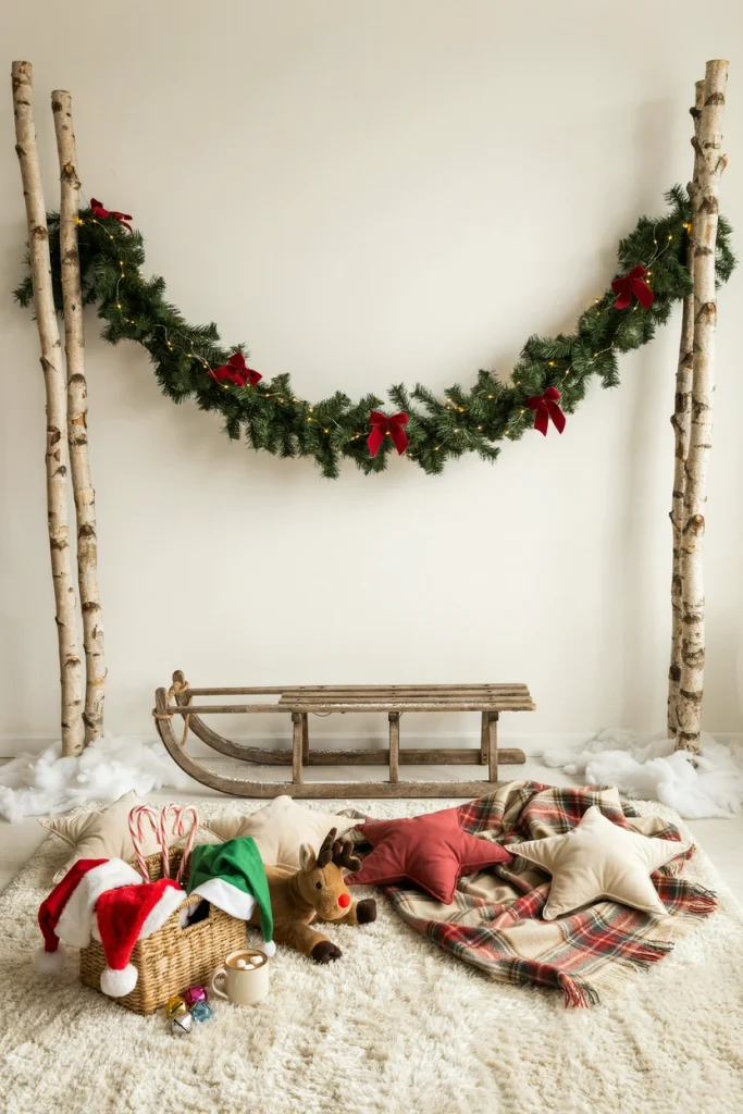 Antique wooden sled leaned against a greenery-covered wall with a fur rug in front