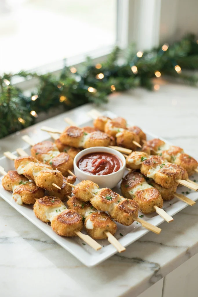Baked mozzarella skewers arranged around a bowl of warm marinara dip