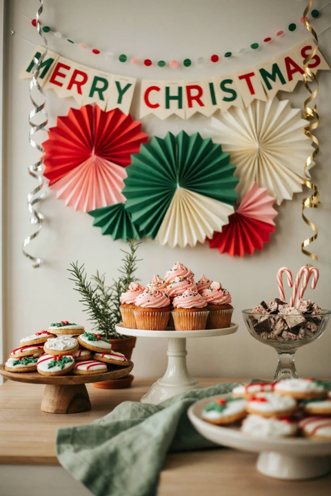 Paper fan flower garland and confetti dot streamers strung above a dessert table with a Merry Christmas banner