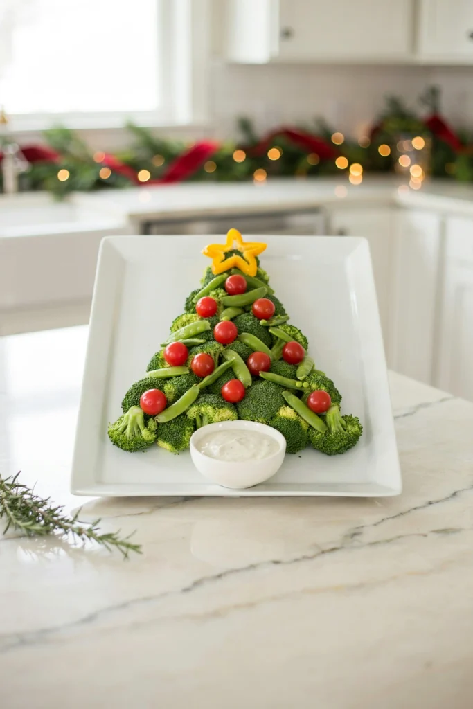 Vegetables arranged in a Christmas tree shape with dip