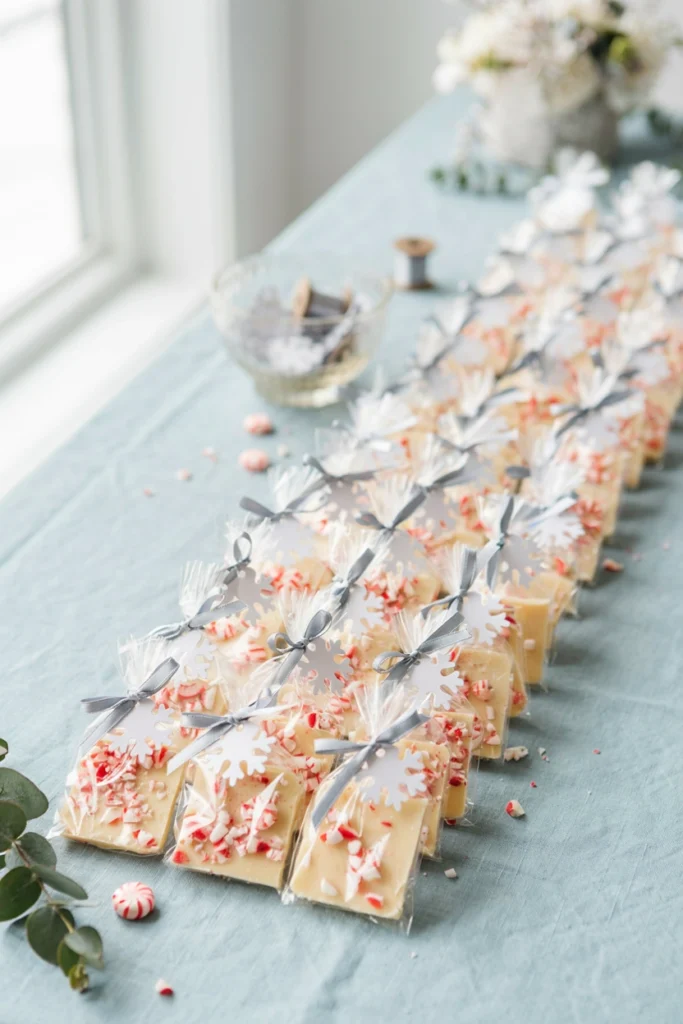 Peppermint bark dessert skewers standing in crushed candy cane