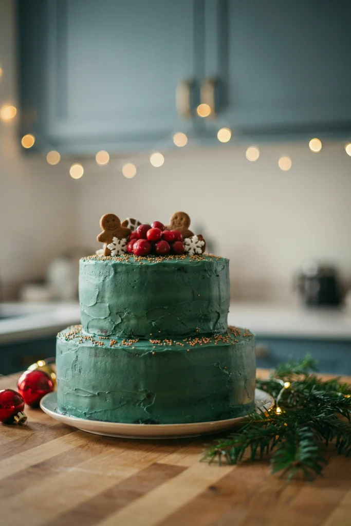 Emerald green fondant cake with hand-painted gold brushstrokes and gold leaf topper