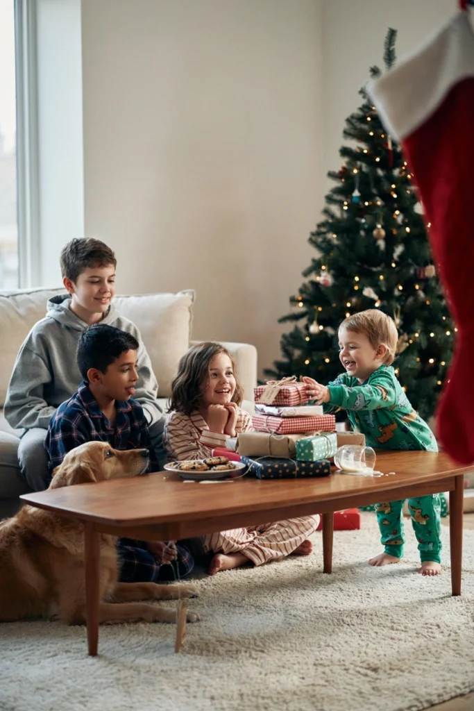 Pile of small wrapped gifts on a coffee table with kids sitting in a circle waiting for their turn