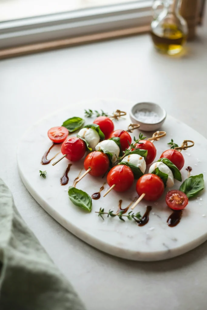 Caprese Christmas tree skewers with cherry tomato, basil, and mozzarella pearl drizzled with balsamic glaze