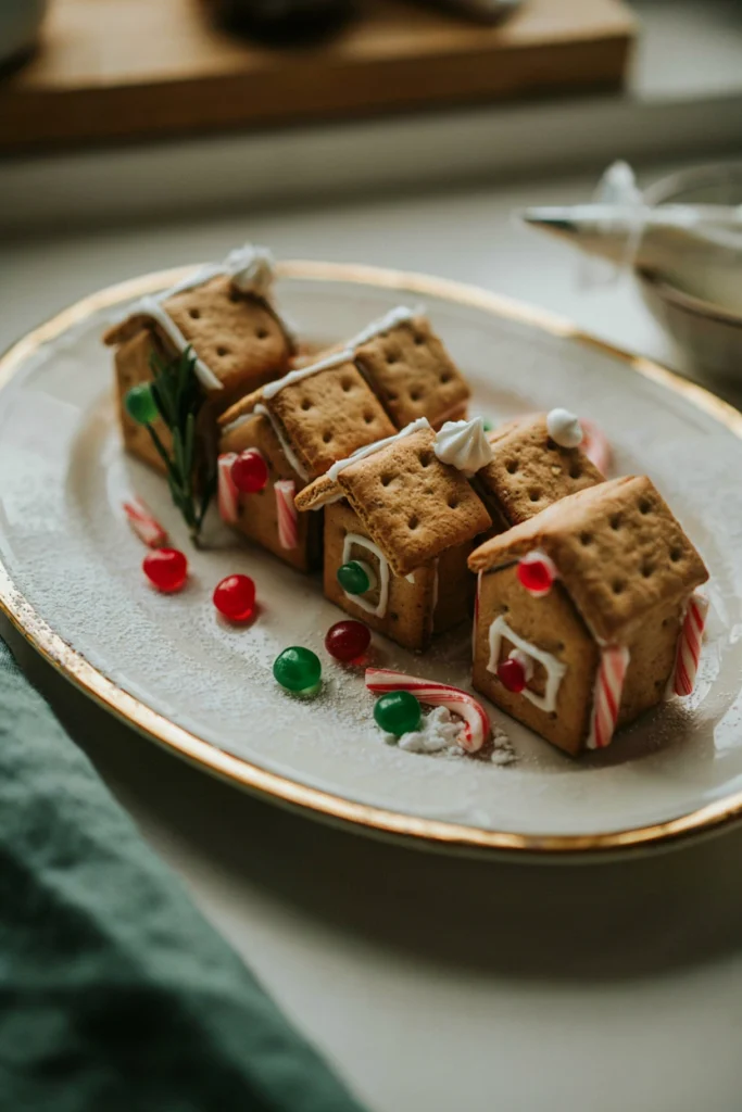 Gingerbread house building station with graham crackers, icing, and candy laid out