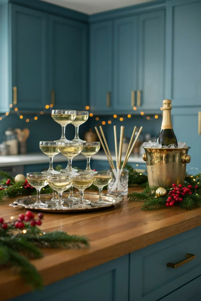 Pyramid of champagne coupes rimmed with gold glitter and gold sparklers standing between them