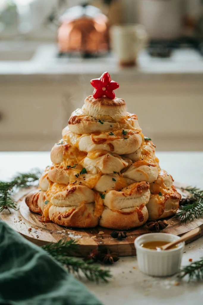Cheesy pull-apart bread arranged into a Christmas tree shape with a bell pepper star on top