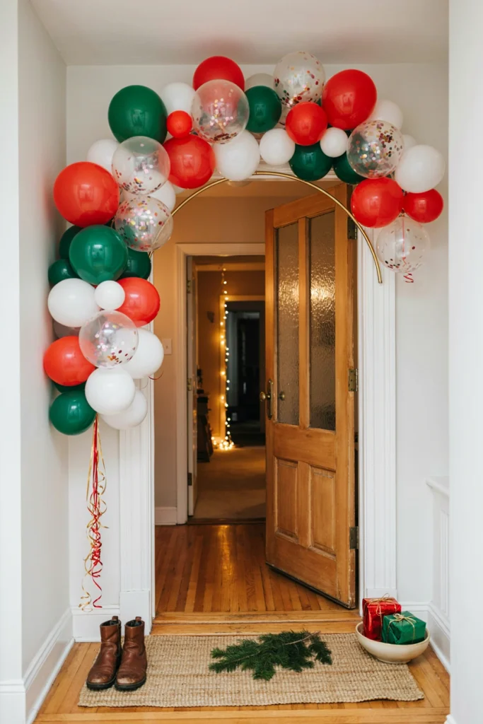 Doorway framed with a red and green confetti balloon arch and trailing ribbon tails at a Friendsmas party entrance