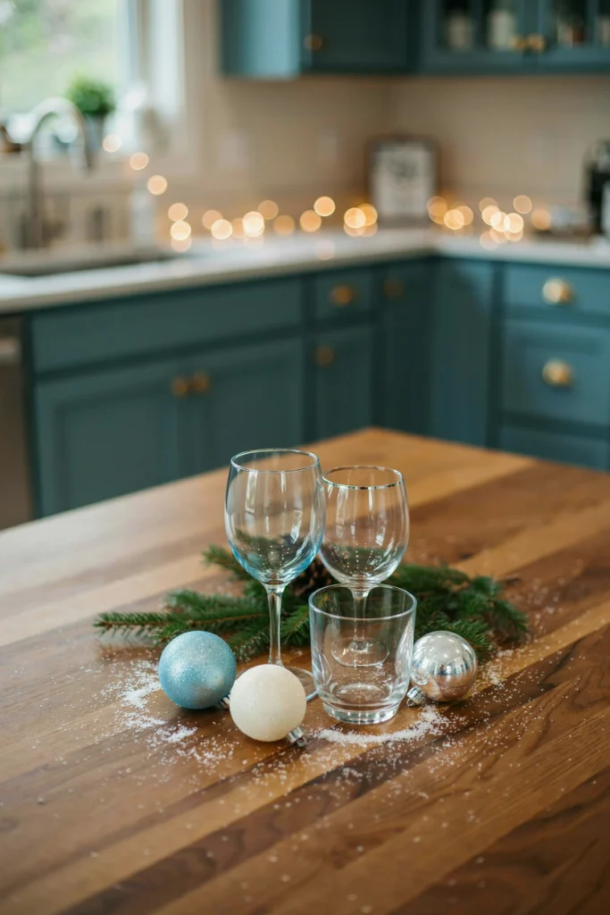 Layered pale blue and silver glassware with a frosted votive candle