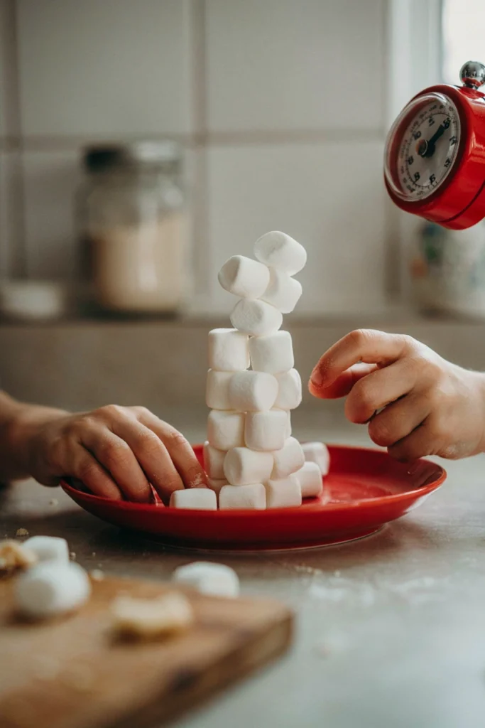 Close-up of a kid's hands stacking mini marshmallows into a tall tower on a red plate, with a small kitchen timer nearby