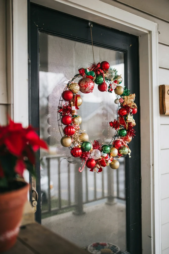 Wire wreath covered in colorful mismatched ornaments on screen door
