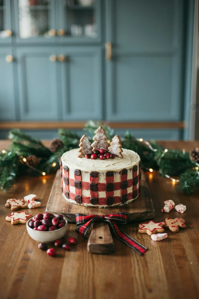 Round cake with red and black buffalo plaid piped in buttercream, topped with a pine sprig and ribbon bow