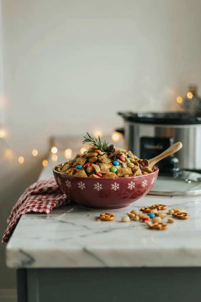 Slow cooker holiday Chex mix with pretzels, mixed nuts, and red and green candies