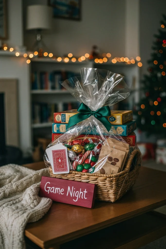 Family game night Christmas auction basket with stacked board games and cards