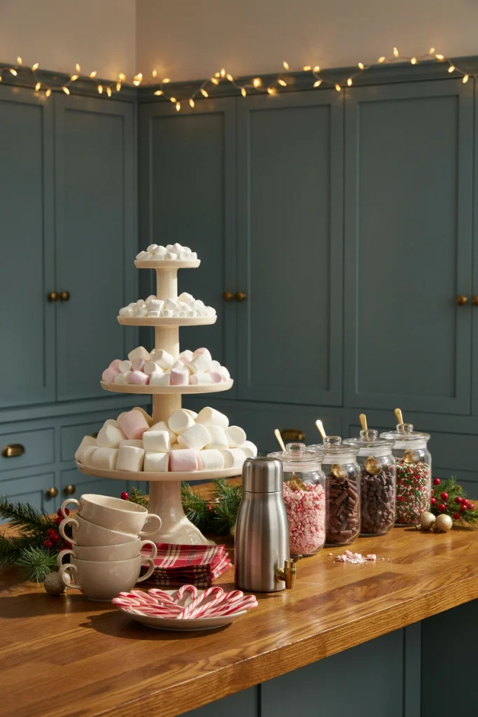 Hot cocoa bar with a tiered marshmallow stand and toppings jars
