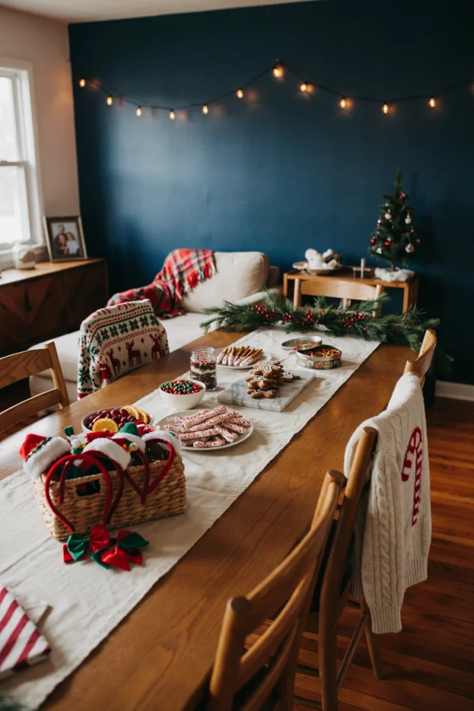 Friends in mismatched ugly Christmas sweaters and red holiday headbands laughing around a snack table at a Friendsmas party