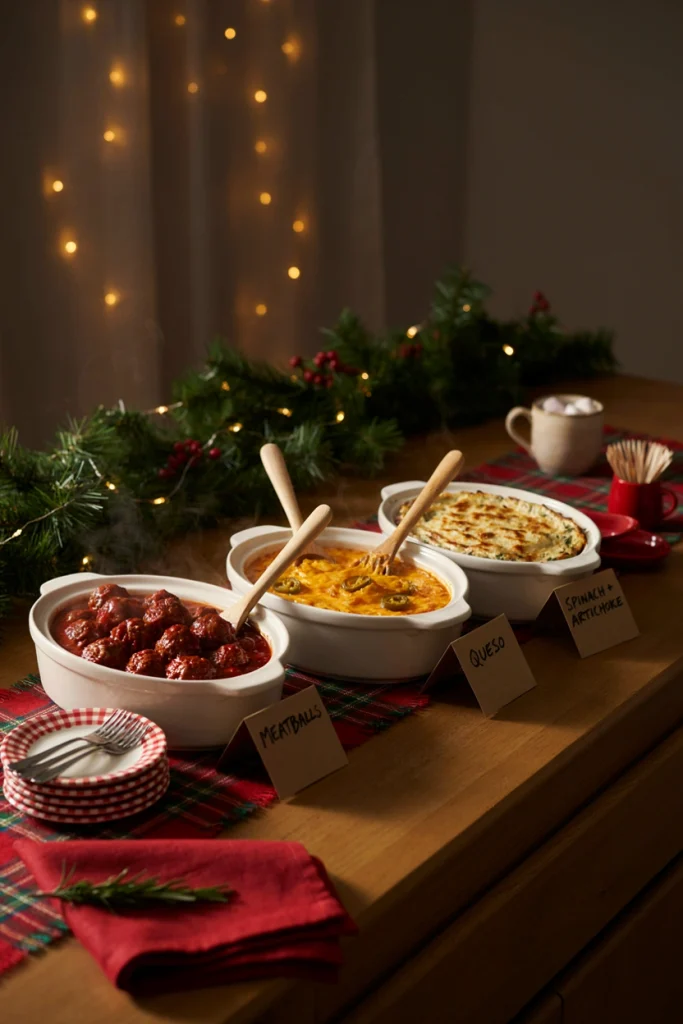 Row of small crockpots on a sideboard holding warm dips and appetizers for a Friendsmas party