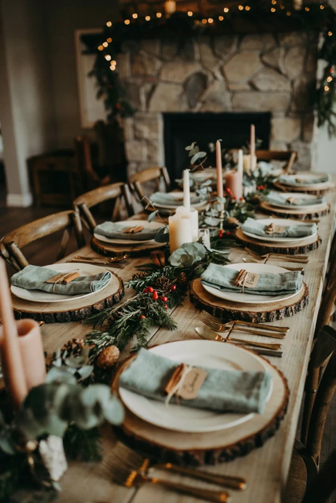 Round wood slice chargers under cream plates with a cinnamon stick tied to each napkin and a handwritten place card