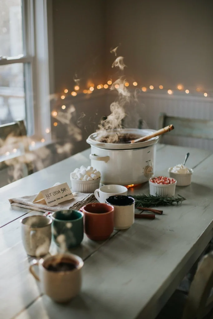 Self-serve hot cocoa station with a slow cooker of cocoa, mugs, and bowls of marshmallow and candy cane toppings