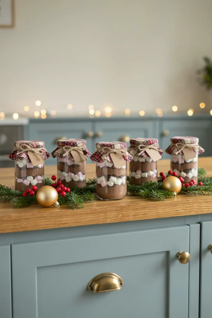 Layered mason jars of cocoa mix, marshmallows, and chocolate shavings tied with plaid fabric and twine