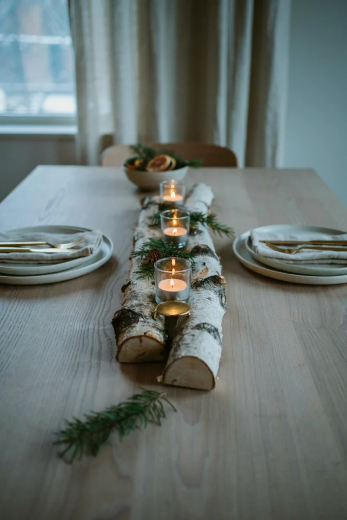 Stacked birch log Christmas centerpiece with pine sprigs and votive candles