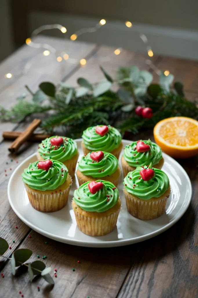 Green-frosted Grinch cupcakes topped with a small red heart candy