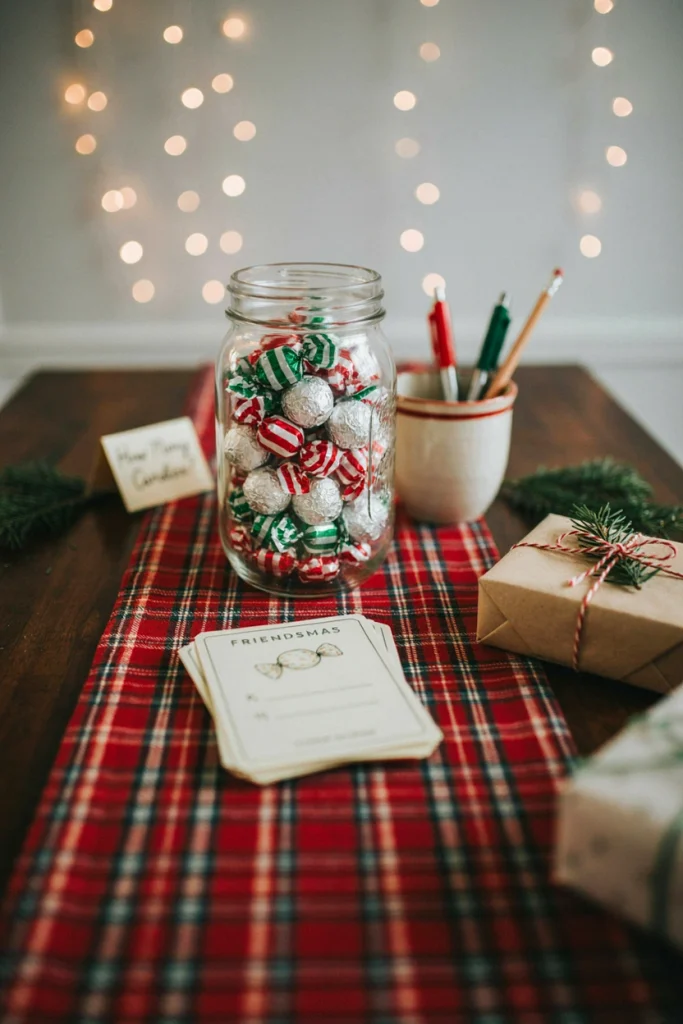 Jar of red and green candy on a table surrounded by guessing game cards for a Friendsmas party game