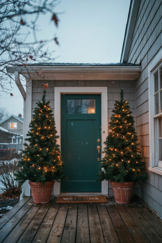 Two small potted Christmas trees flanking a narrow front door