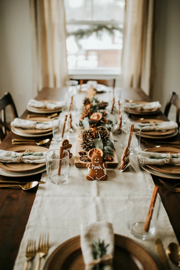 Warm brown and cream table setting with mini gingerbread cookies used as place cards at each seat