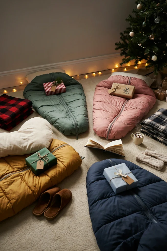 Small wrapped gifts staged on top of sleeping bags for a Secret Santa pillow gift exchange