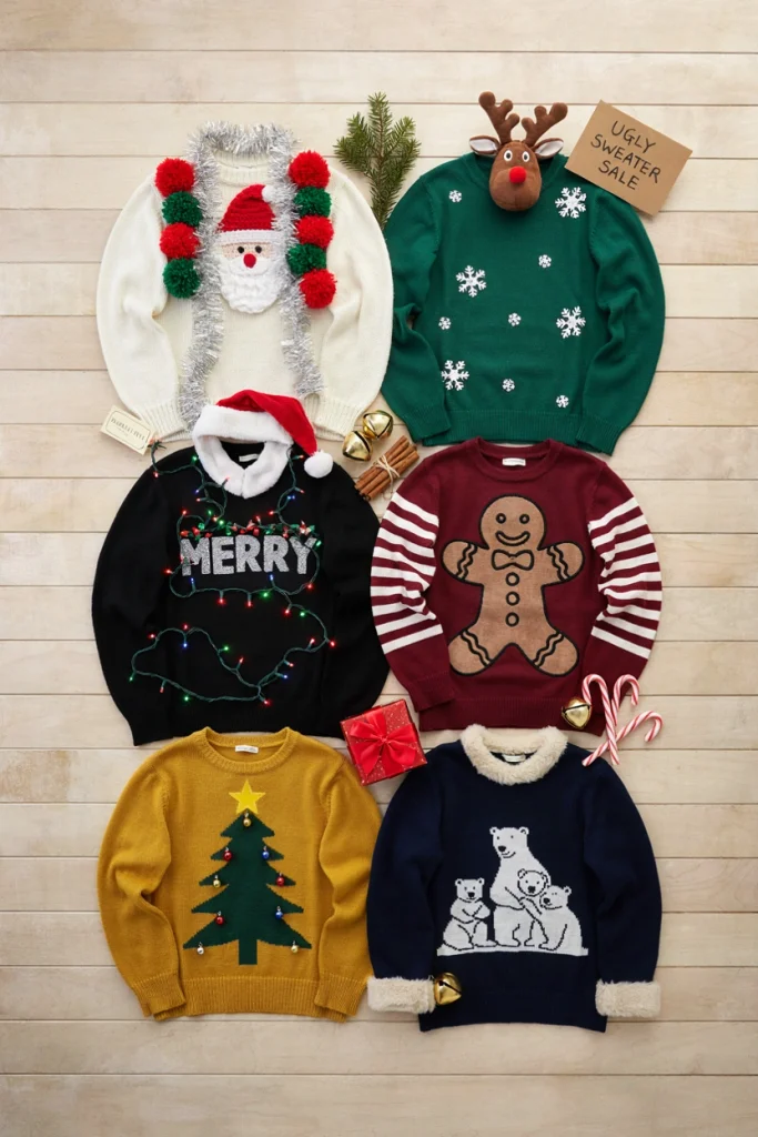 Festive entryway with a balloon garland arch, styled for an ugly sweater party