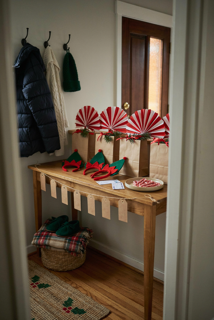 Empty entryway table staged as a North Pole check-in desk with name tags, elf headbands, and small welcome pouches