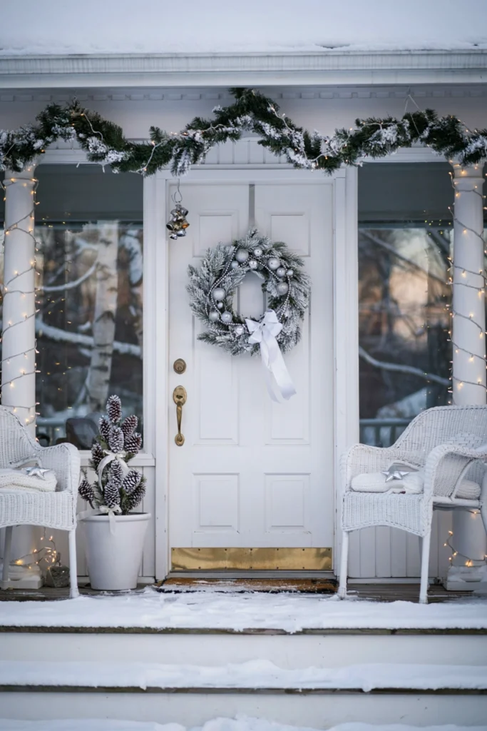 White and silver monochromatic Christmas porch with frosted greenery and cool white lights