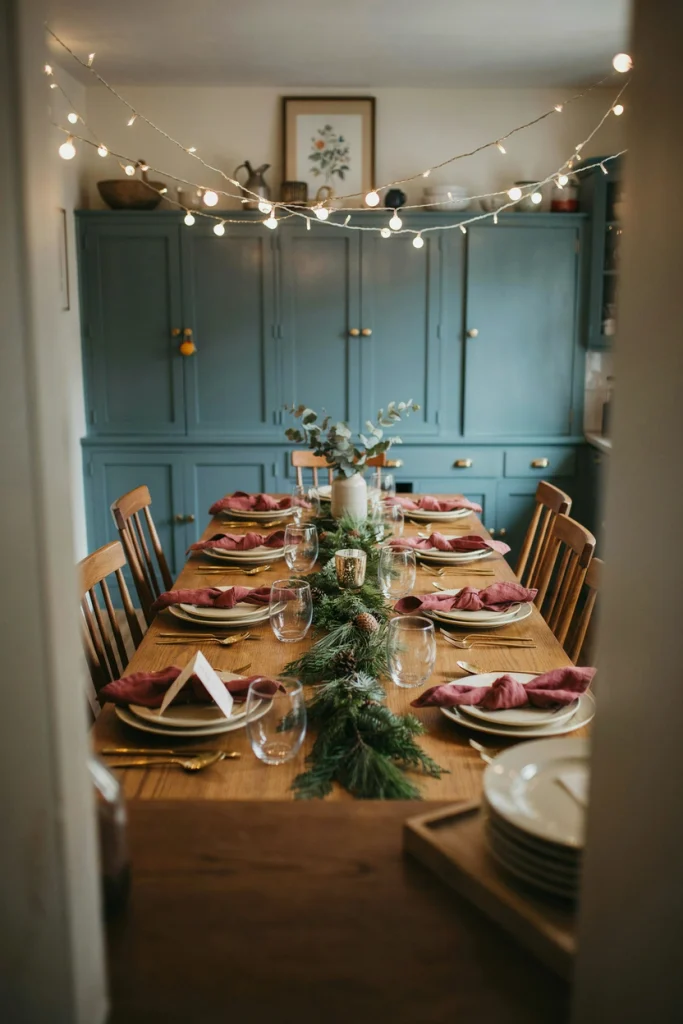 Warm white string lights draped in overlapping swags above a dining table