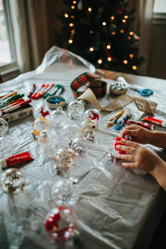 Craft table covered in blank ornaments, paint markers, and glitter glue with kids' hands mid-decoration