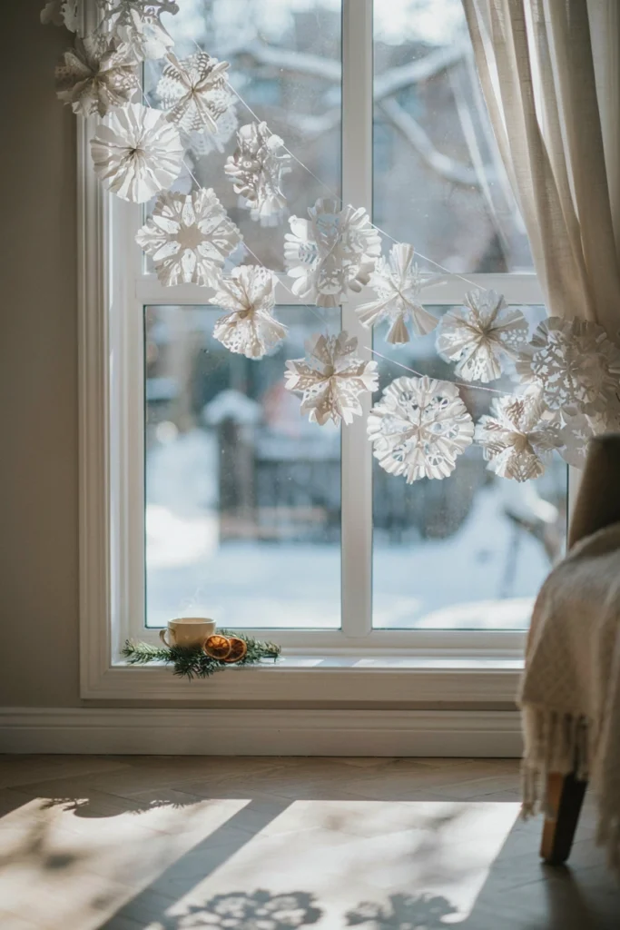 Oversized paper snowflakes made from folded coffee filters hung in a garland across a window