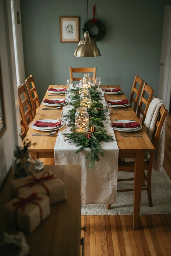 Long dinner table lit entirely by warm mini string lights tucked into mason jars and greenery for a cozy Friendsmas dinner