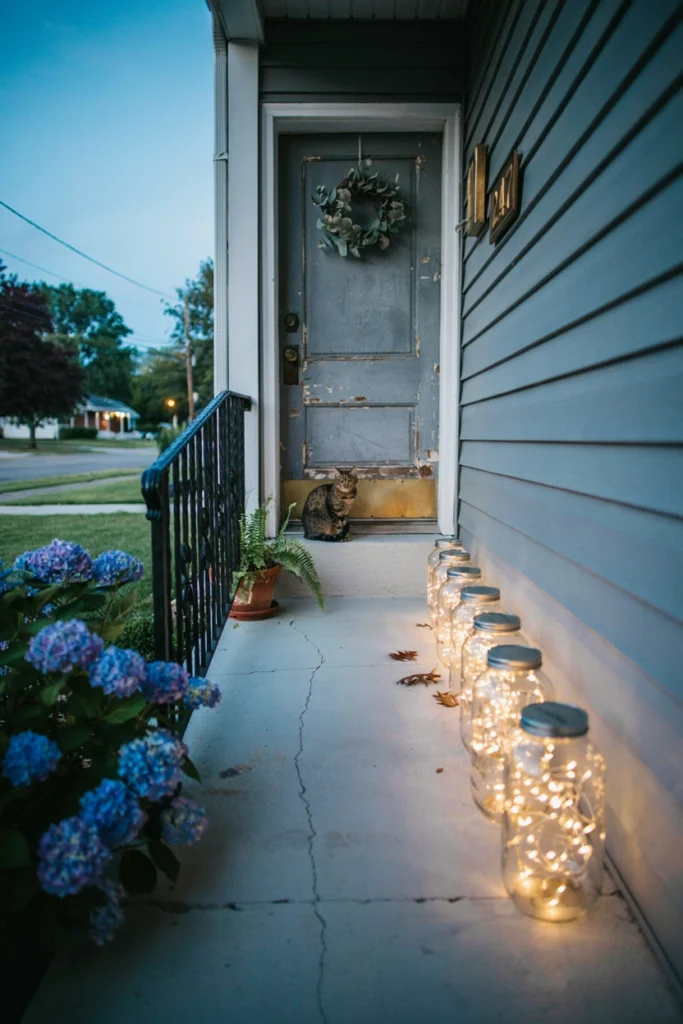 Mason jars with fairy lights lining a porch walkway at dusk