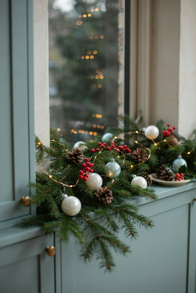 Window ledge lined with pillar candles, pinecones, and a sprig of holly