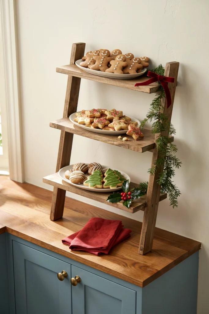 Wooden ladder used as a display shelf for decorated gingerbread cookies