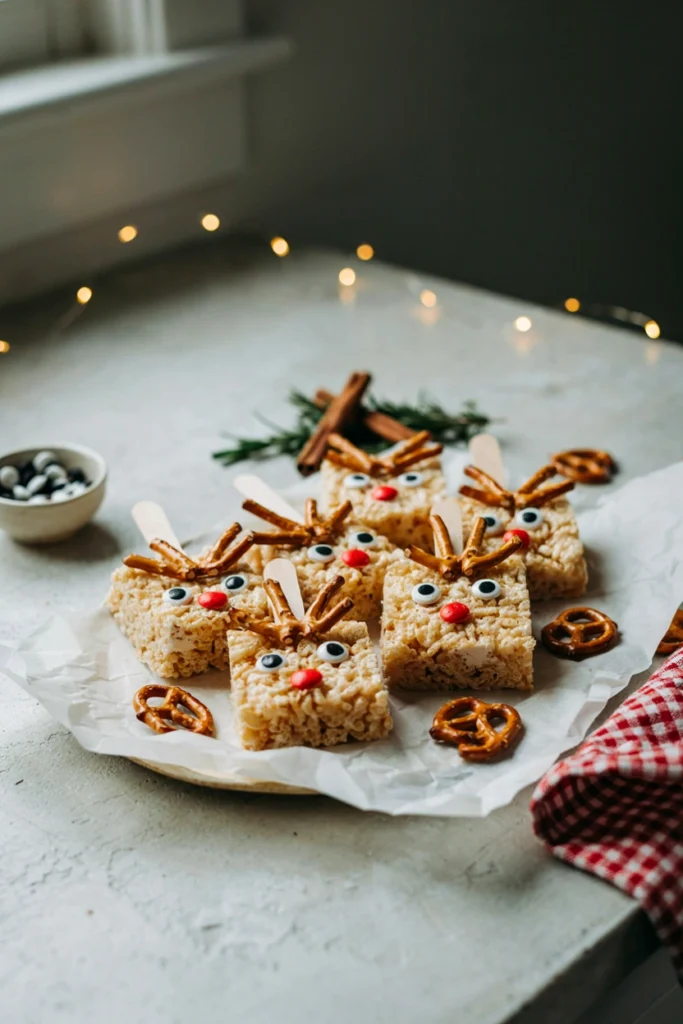 Rice Krispie treats on sticks decorated with pretzel antlers, candy eyes, and a red candy nose to look like reindeer