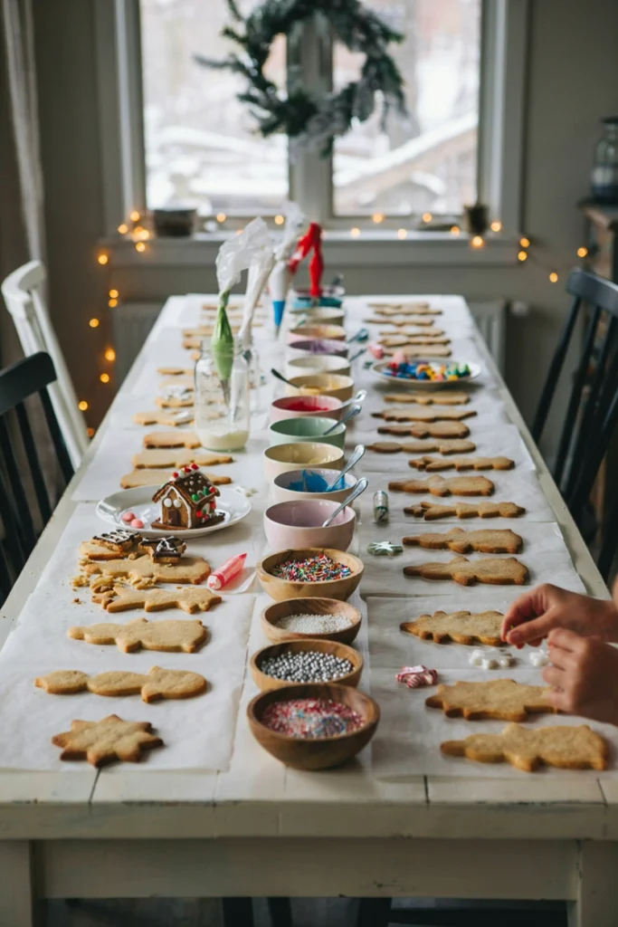 Table lined with plain sugar cookies in tree, star, and snowman shapes with bowls of icing and sprinkles for decorating