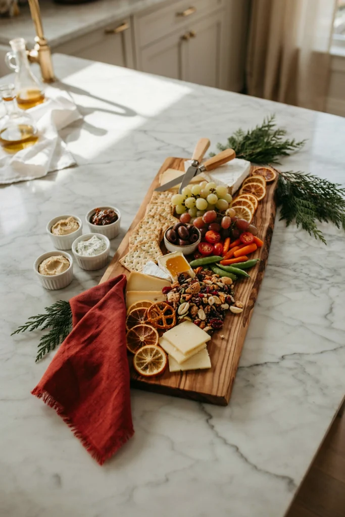 Marble board of cold Christmas snacks including dips, cheese, and crackers set out for a Friendsmas party