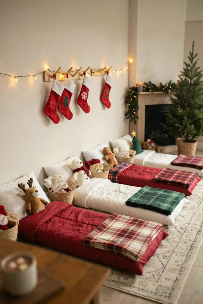 Row of sleeping bags each paired with a personalized felt stocking and fairy lights